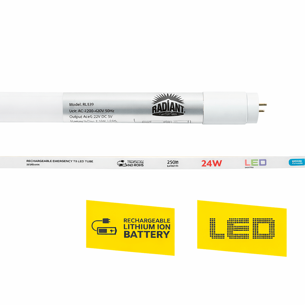 Two LED light tubes with 'Radiant' branding and text about rechargeable lithium ion battery and LED technology on a white background.