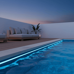 Flexible RGB neon strip illuminating the edge of a pool, enhancing the outdoor ambiance.