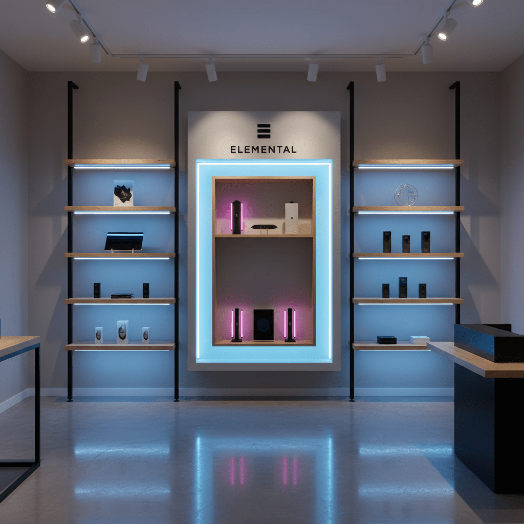 A retail display featuring shelves illuminated with RGB neon flex lighting, showcasing products in a modern setting.