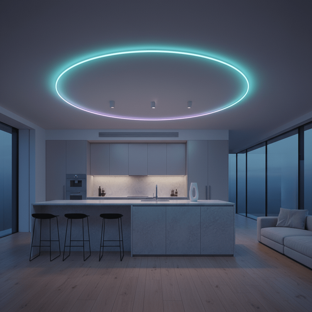 A modern kitchen featuring a circular RGB neon flex strip illuminating the ceiling above an island.