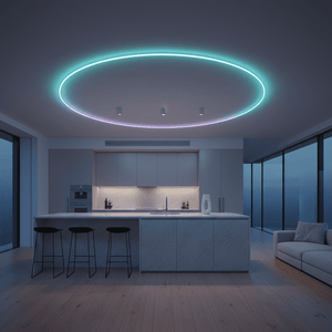 A modern kitchen featuring a circular RGB neon flex strip illuminating the ceiling above an island.