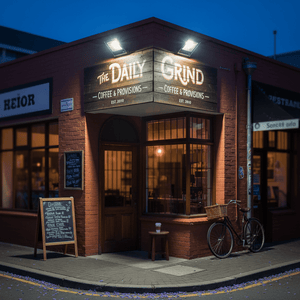 Two floodlights above a coffee shop sign illuminate a brick corner storefront at dusk.