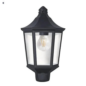 Black outdoor half lantern wall light with clear panels and E27 bulb socket.