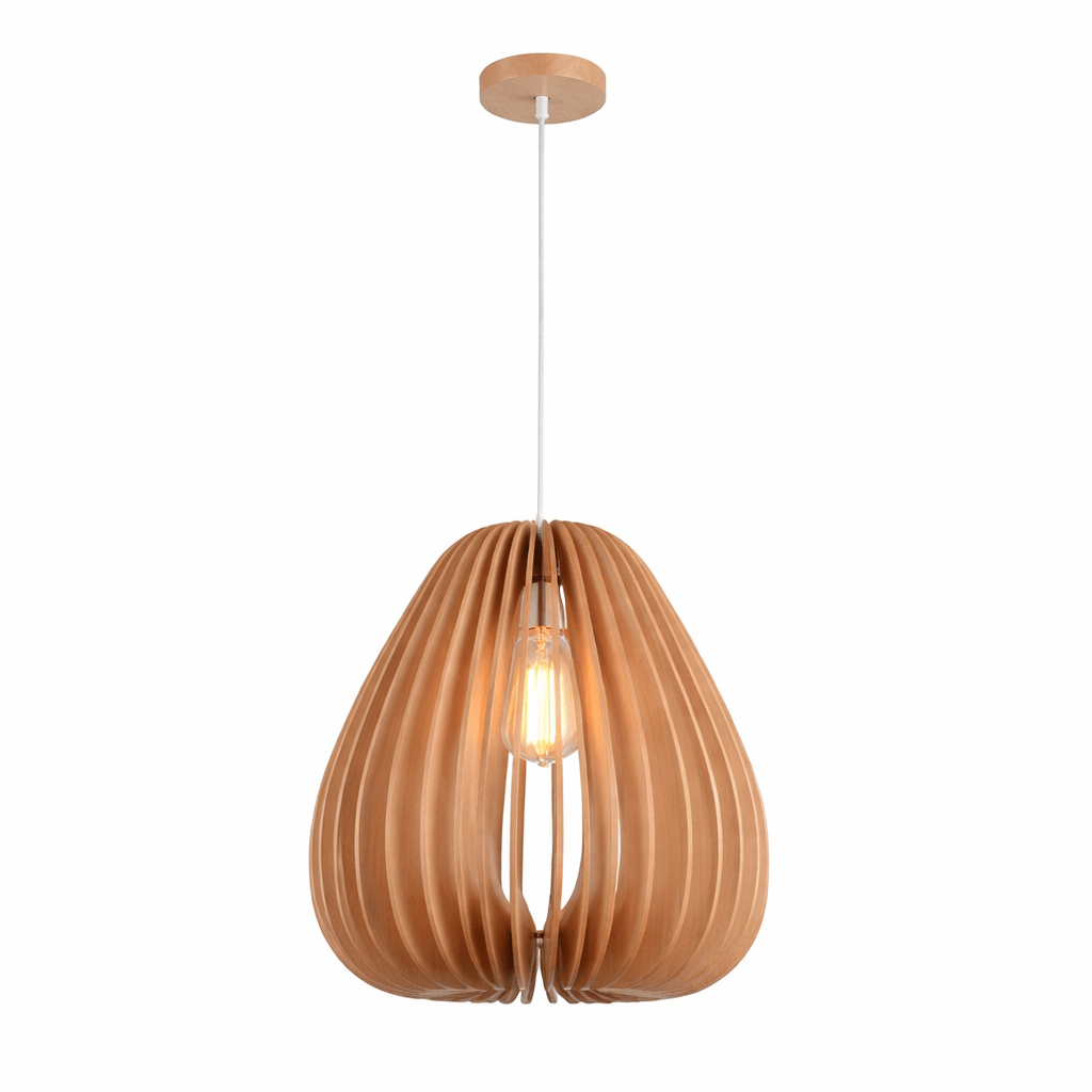 Wooden pendant light with a white background