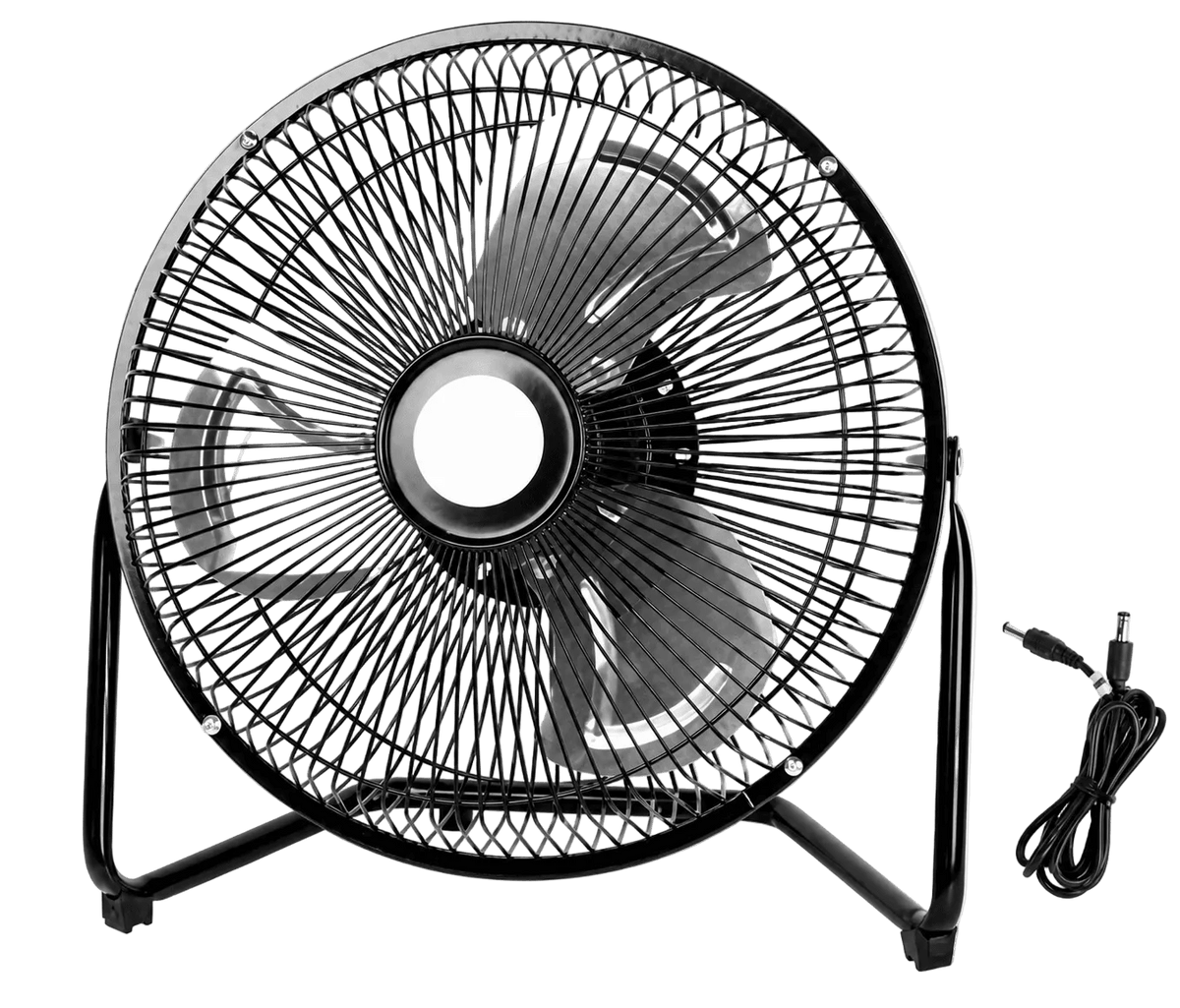 Front view of a 12V black floor fan with a metal frame and visible power cord.