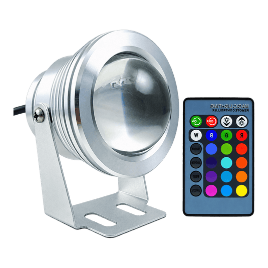 12V 10W RGB aluminium underwater pond light with remote, transparent background