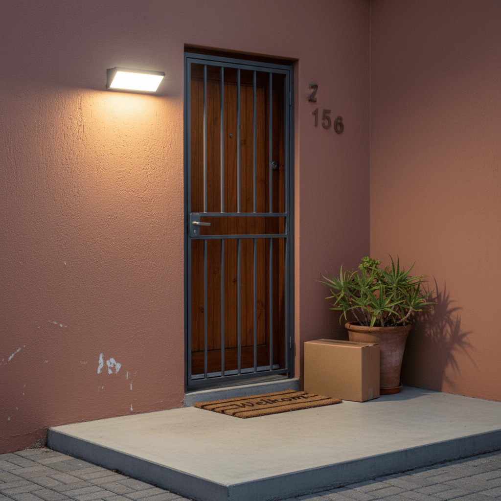 Outdoor 12W wall light illuminating a front door