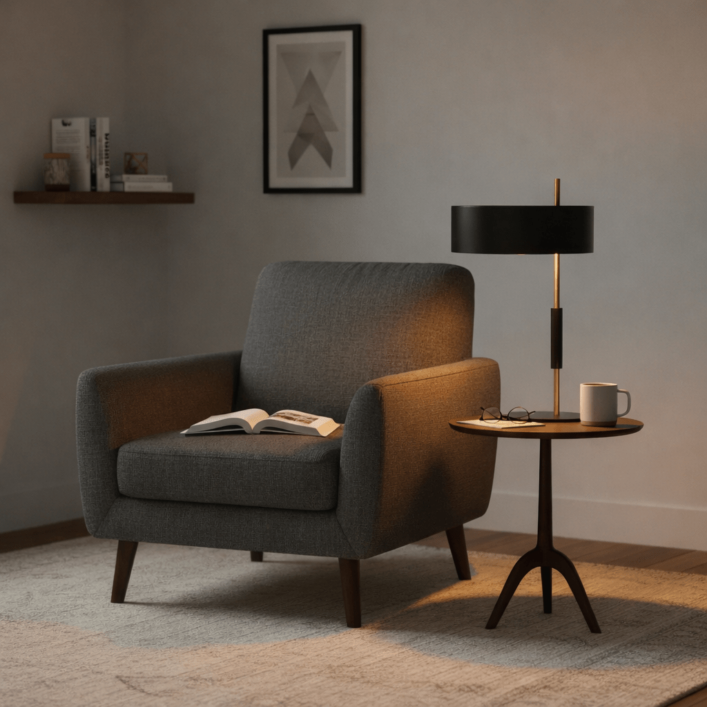 Table lamp colour temperature guide for Cape Town interiors, warm white bedside lamp and Cool White desk lamp comparison, realistic 800x800 composition with charcoal, oak and muted blue accents