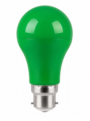 Green A60 LED bulb with B22 cap, designed for decorative indoor lighting.