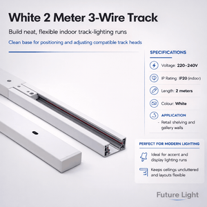 Close-up of a white 2-meter 3-wire track light showcasing its clean design and adjustable features.