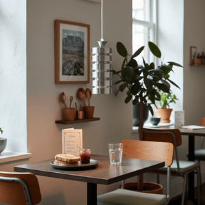 Aluminium pendant light hanging above a table with bread and jam, in a cozy indoor setting.