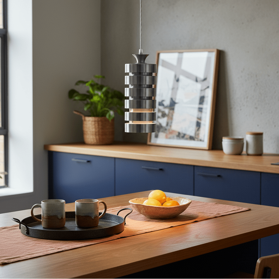 Sleek aluminium pendant light hanging above a wooden table with mugs and a bowl of oranges.