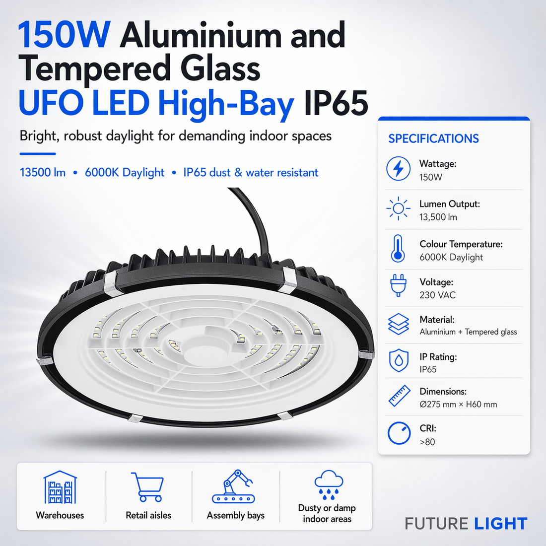 are UFO high bays the future of South African warehouses? warehouse lighting mistakes and emergency planning, incorrect beam and poor install detail in a South African industrial environment with ash and safety yellow accents