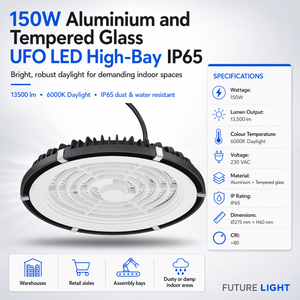 Close-up view of a UFO LED high-bay light showcasing its aluminium and tempered glass design with specifications.