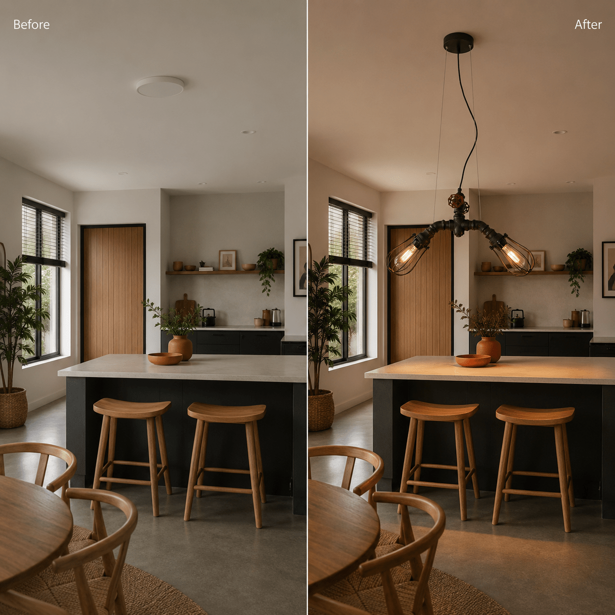 Before and after comparison showing a kitchen island with a stylish industrial LED pendant light installed.