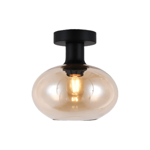 Amber glass orb ceiling light with black metal fixture, showcasing a modern design.