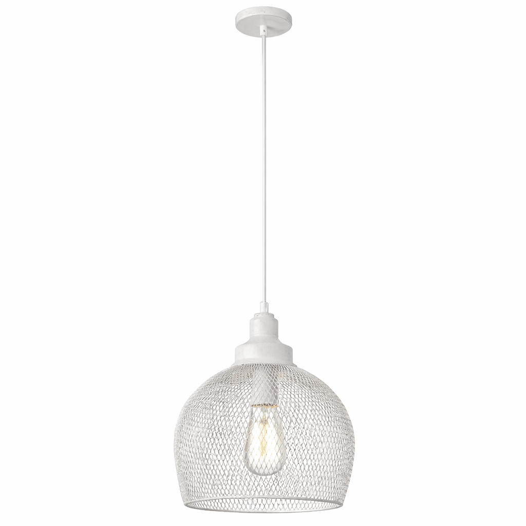 Pendant light with mesh shade and white base on a white background
