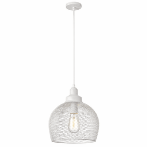 Pendant light with mesh shade and white base on a white background
