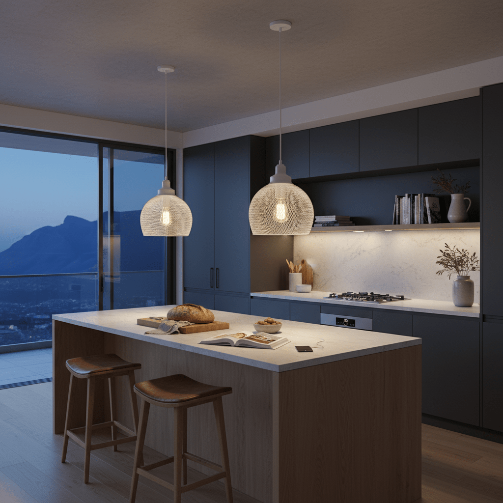 Two metal pendant lights in a modern kitchen illuminate a wooden island with a loaf of bread and an open book.