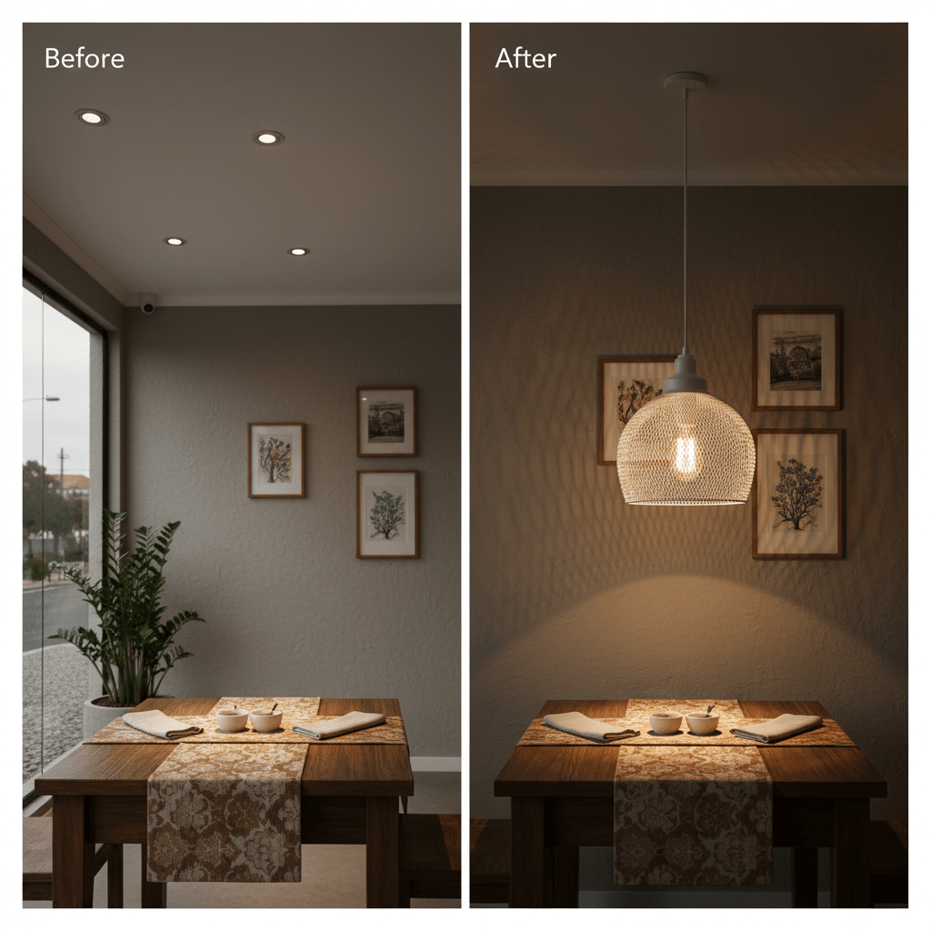 Before and after comparison of a dining area with a pendant light, showcasing improved ambiance.