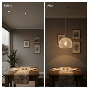 Before and after comparison of a dining area with a pendant light, showcasing improved ambiance.