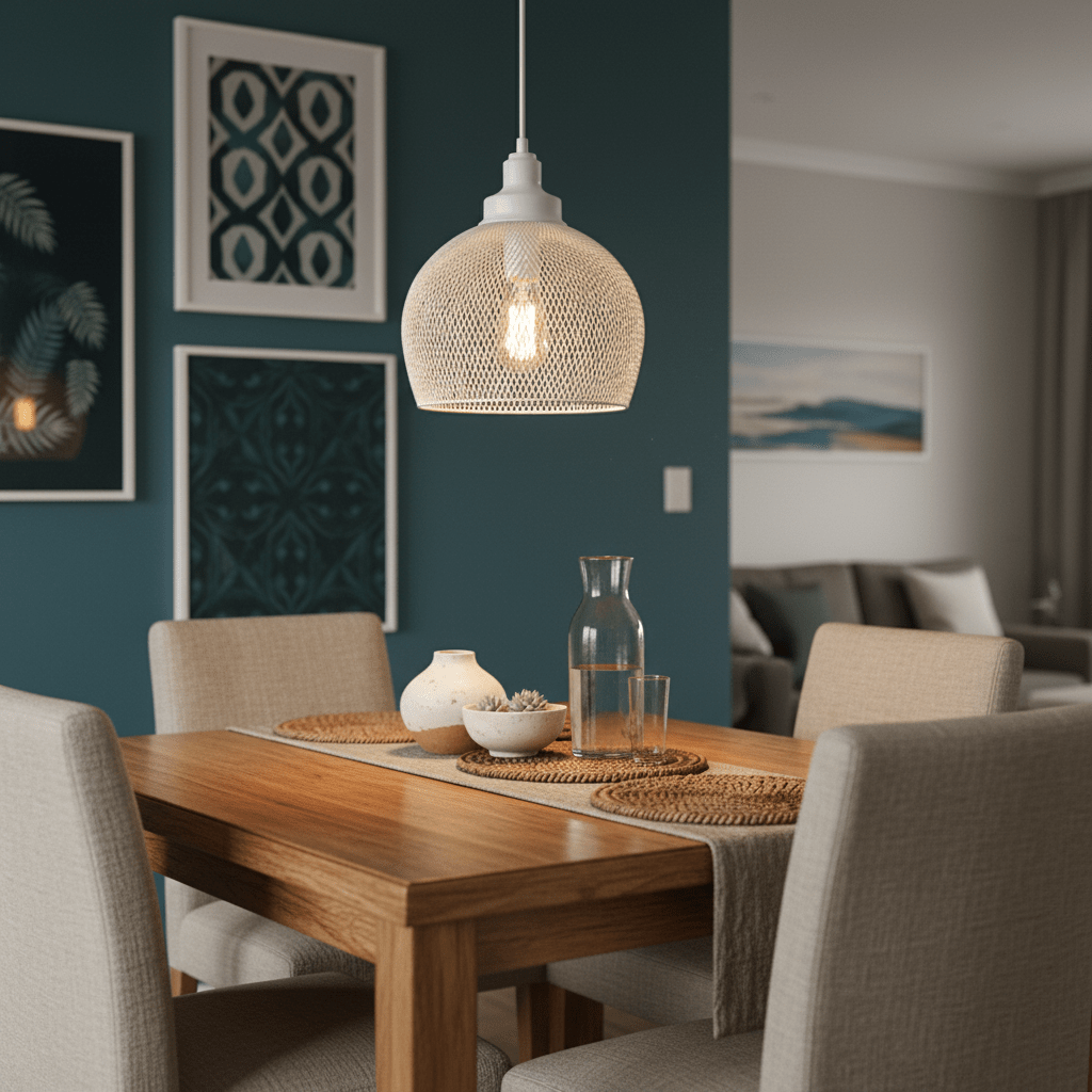Stylish metal pendant light in a modern dining setting, illuminating a wooden table with neutral decor.