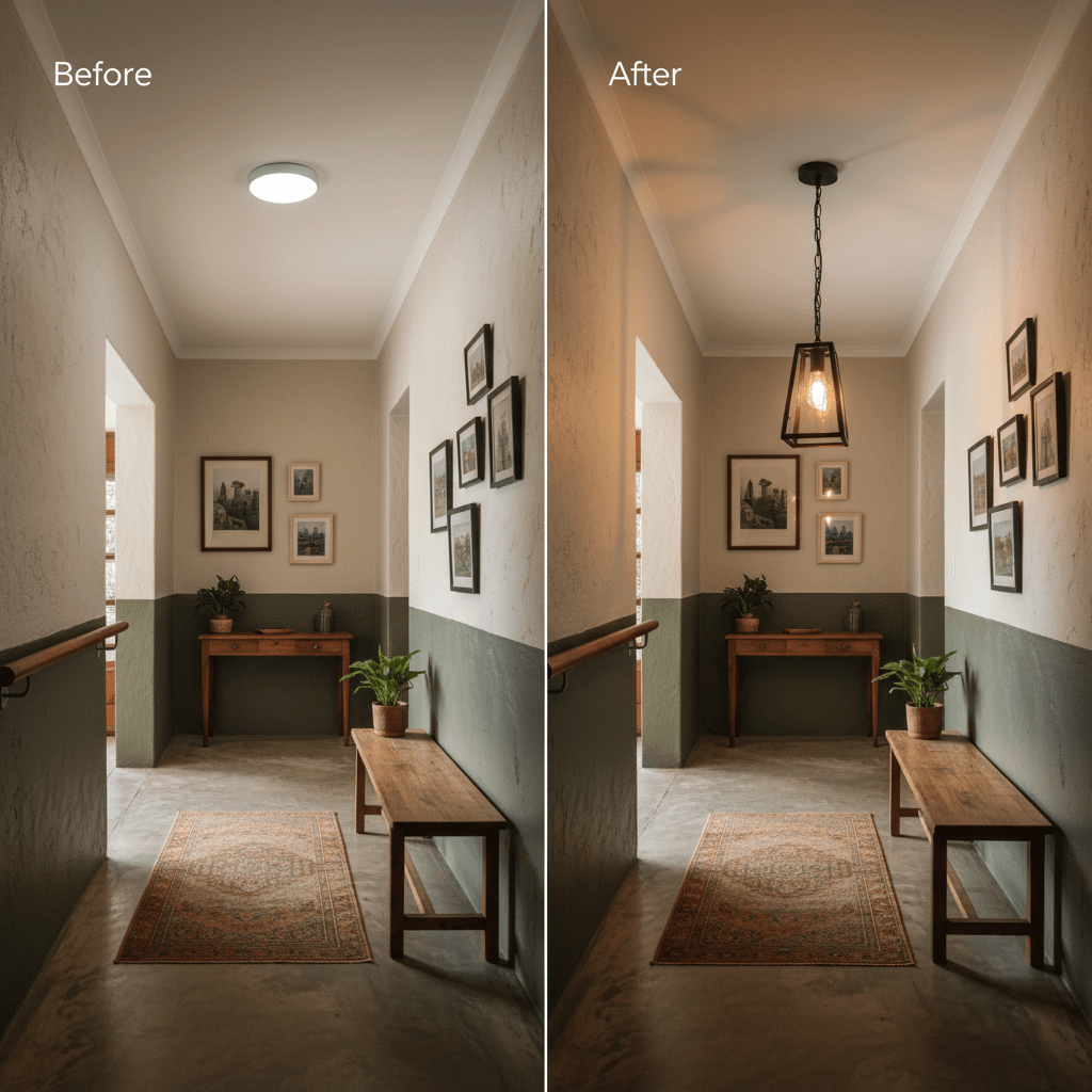 Comparison of hallway lighting with a rustic rectangular pendant lantern installed.