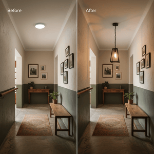 Comparison of hallway lighting with a rustic rectangular pendant lantern installed.
