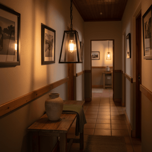 Rustic rectangular pendant light hanging in a warmly lit hallway with framed photos and a wooden table.