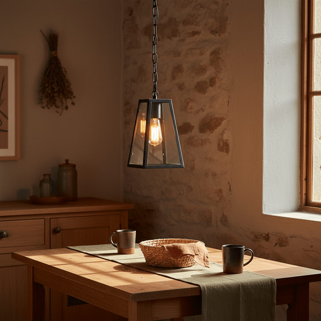 Rustic rectangular lantern hanging over a wooden dining table with mugs and a woven basket.