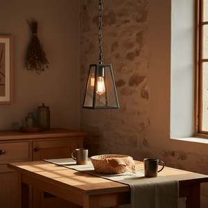 Rustic rectangular lantern hanging over a wooden dining table with mugs and a woven basket.
