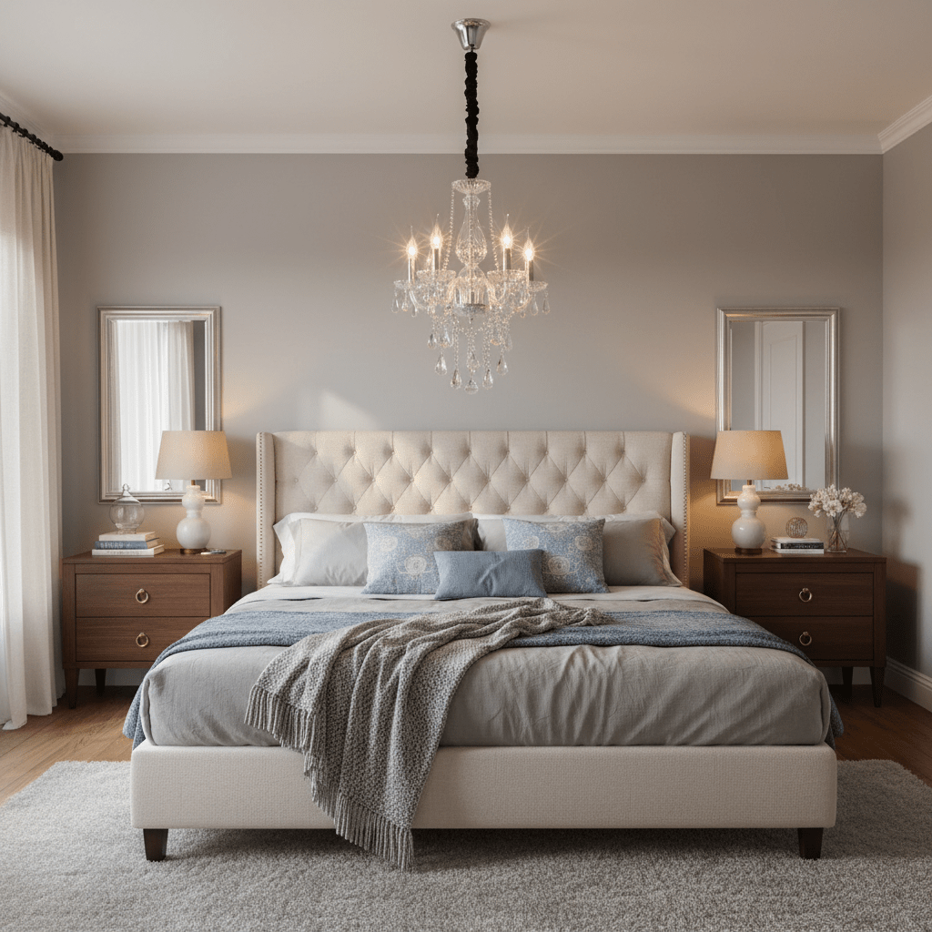Clear Crystal 4 Arm Chandelier hanging above a stylish bed in a modern bedroom setting.