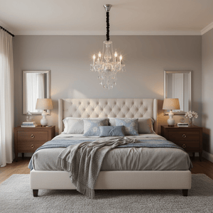 Clear Crystal 4 Arm Chandelier hanging above a stylish bed in a modern bedroom setting.