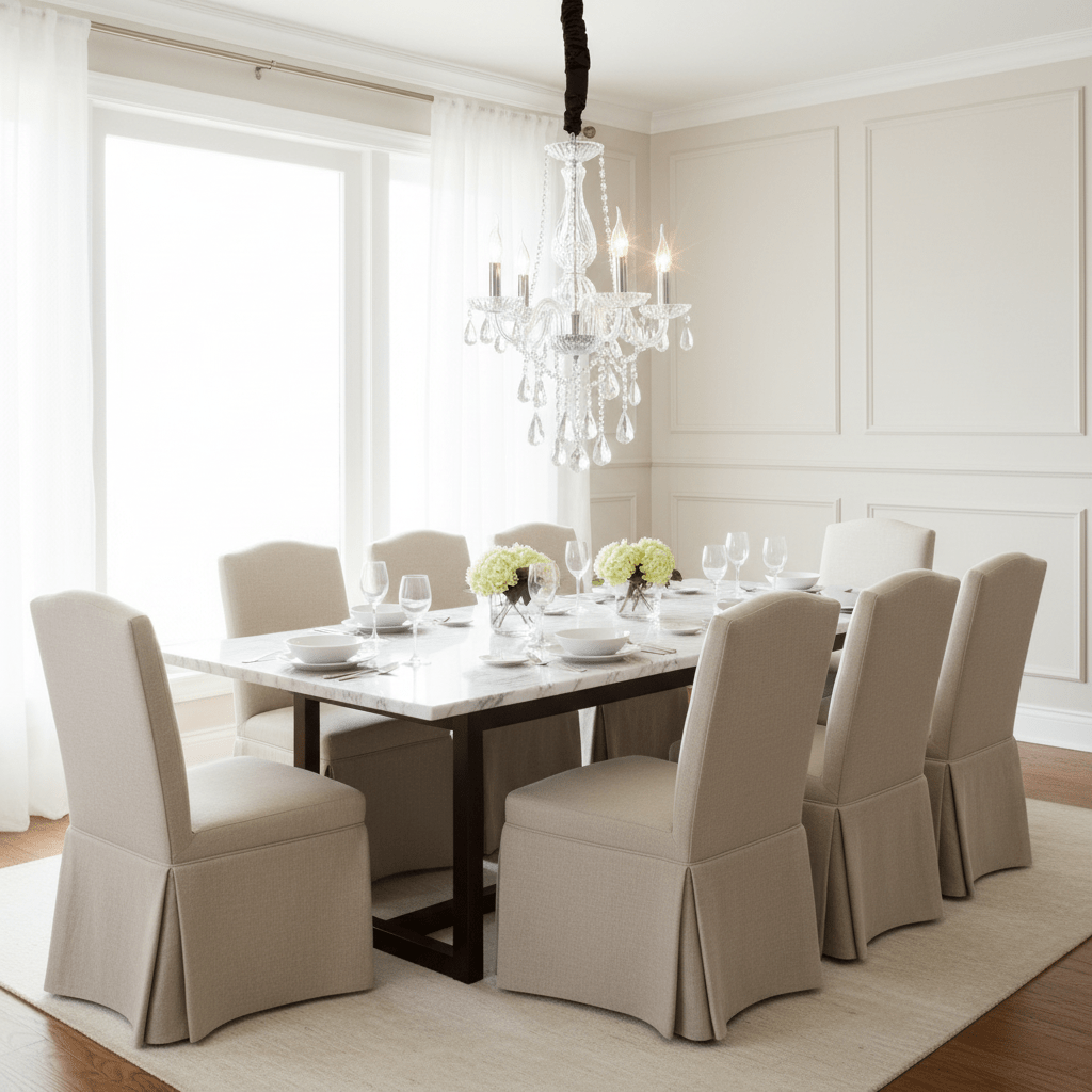 Elegant dining room featuring a Clear Crystal 4 Arm Chandelier above a marble table set for dinner.