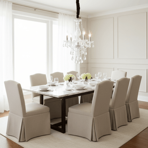 Elegant dining room featuring a Clear Crystal 4 Arm Chandelier above a marble table set for dinner.
