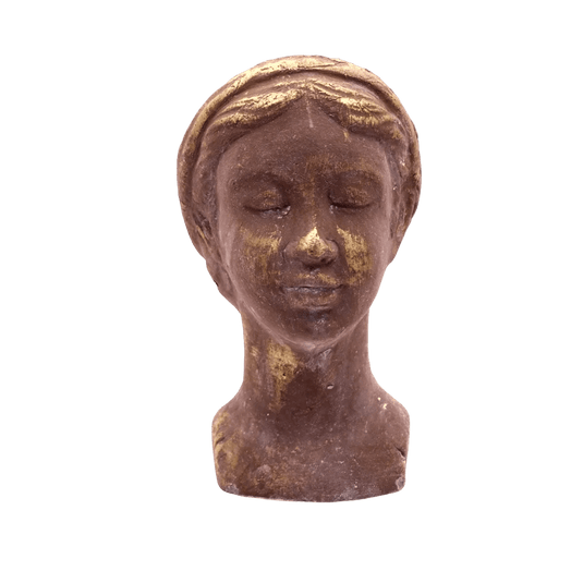 Small grey cement and gold female bust planter figurine decor