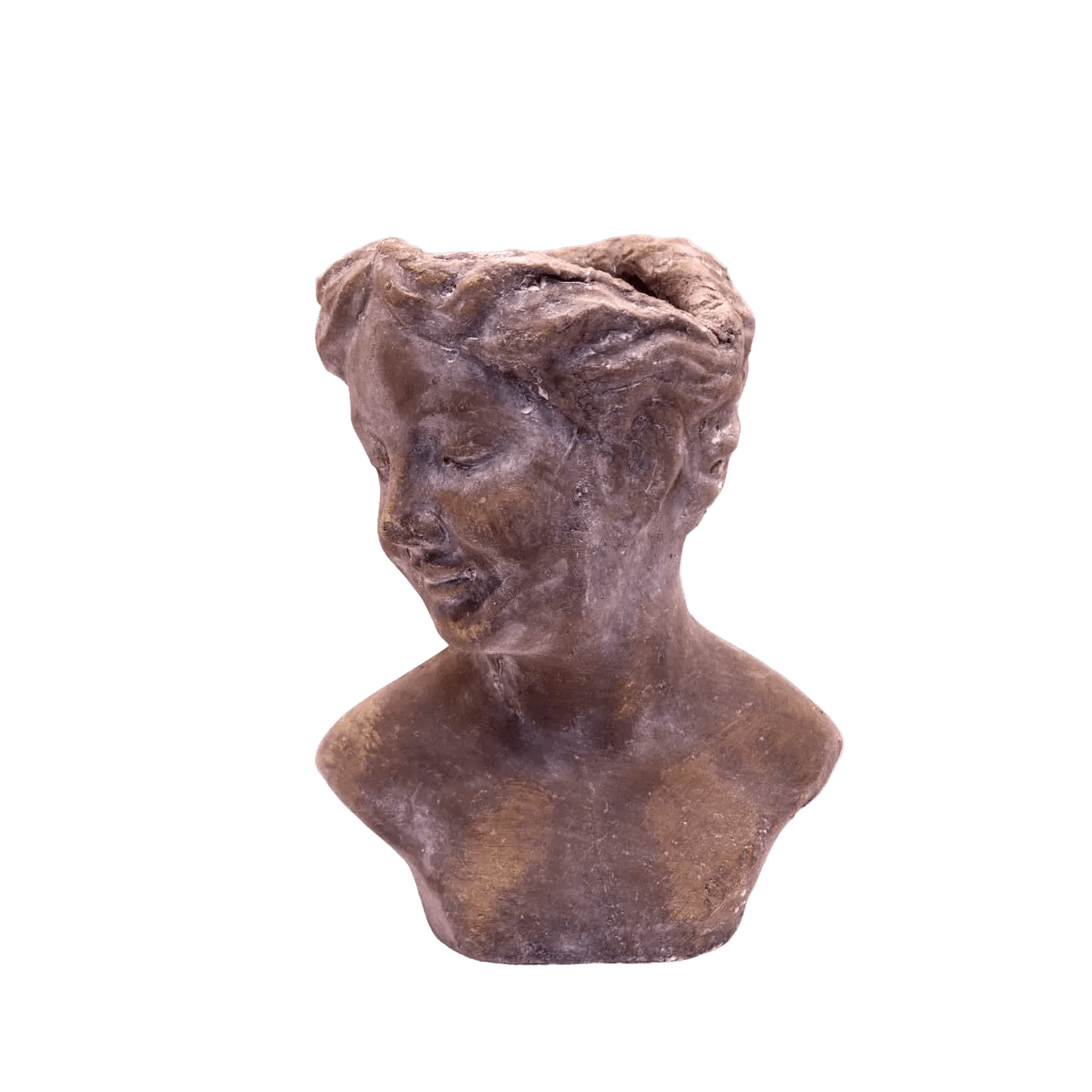 Brown textured female bust sculpture shown against a plain background