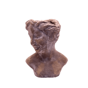 Brown textured female bust sculpture shown against a plain background