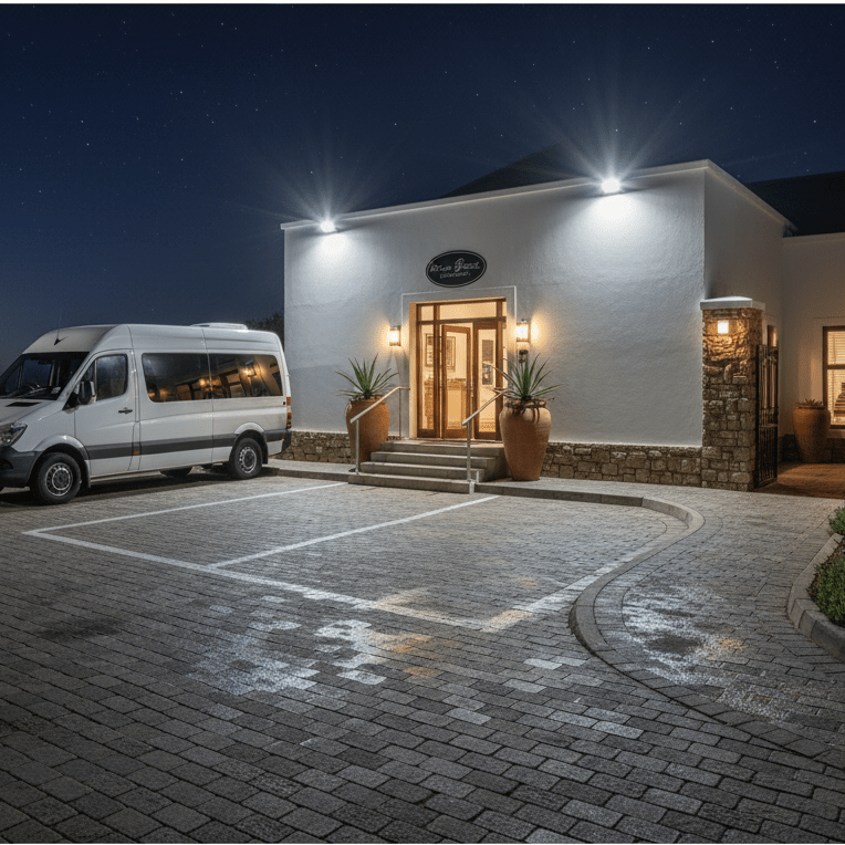 Coastal floodlight illuminating a driveway and entrance of a home at night, enhancing visibility.