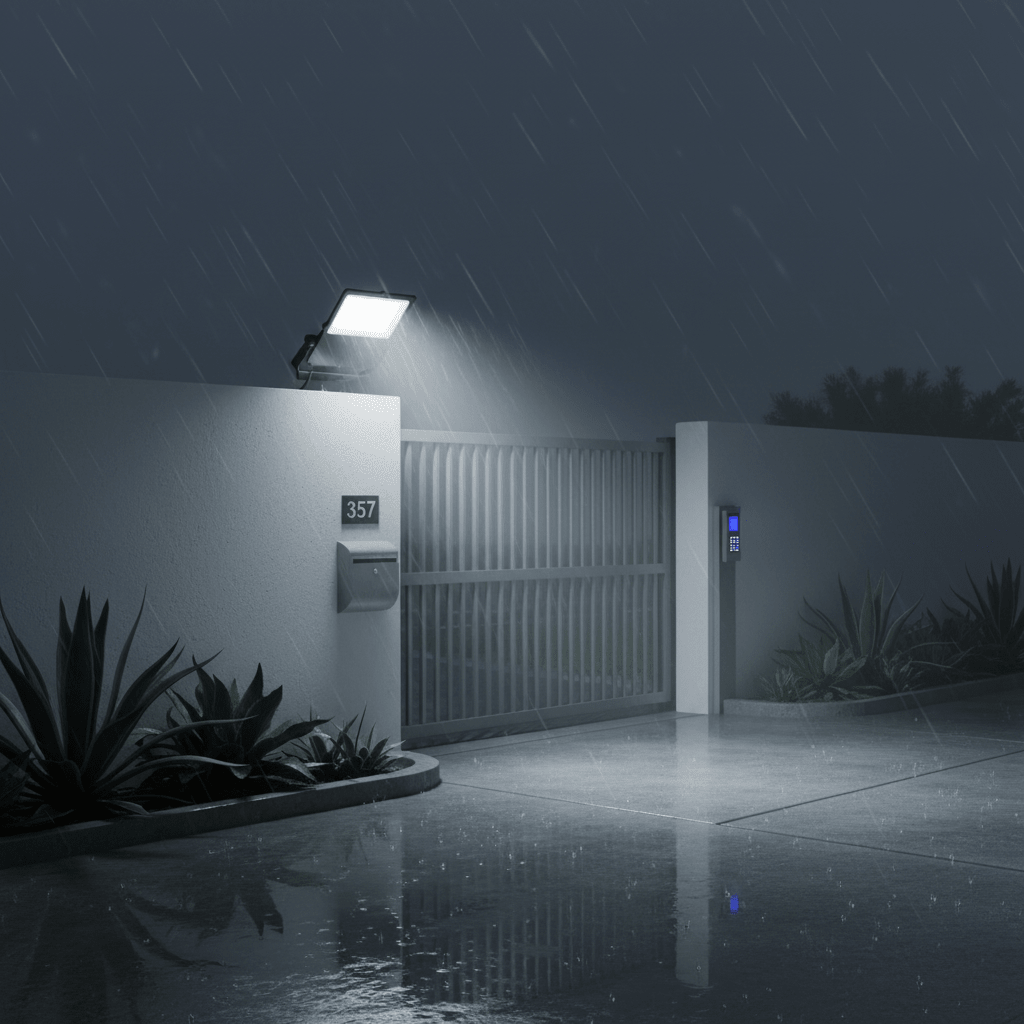 Coastal floodlight illuminating a driveway entrance during rain, showcasing its outdoor durability and brightness.