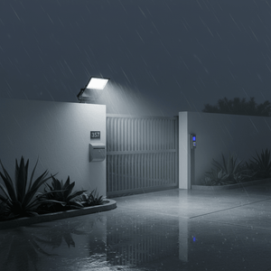 Coastal floodlight illuminating a driveway entrance during rain, showcasing its outdoor durability and brightness.