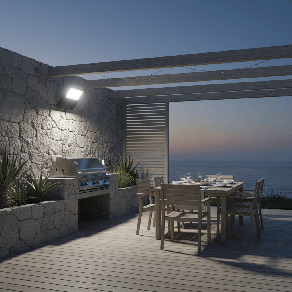 Coastal floodlight illuminating a patio dining area with a grill, surrounded by plants and a scenic view.