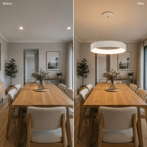A modern dining setup showcasing a sleek LED pendant light above a wooden table, enhancing the space's ambiance.