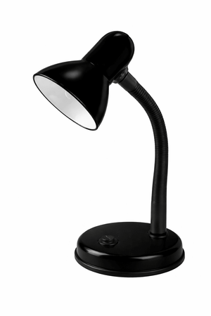 Modern black desk lamp with E27 holder, flexible neck, and round base, ideal for focused lighting.