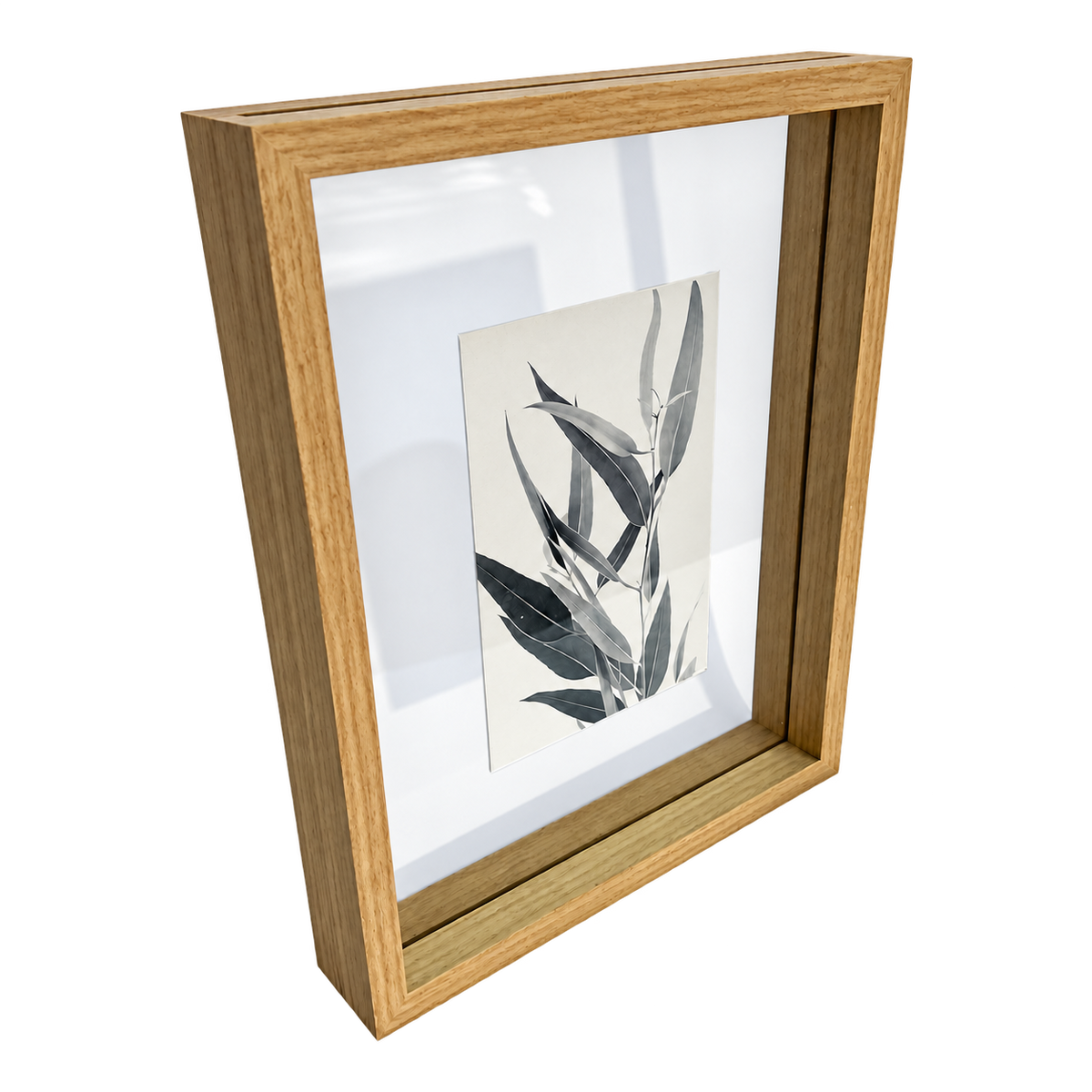 Large Floating Wood Photo Frame with Eucalyptus Leaves — transparent background