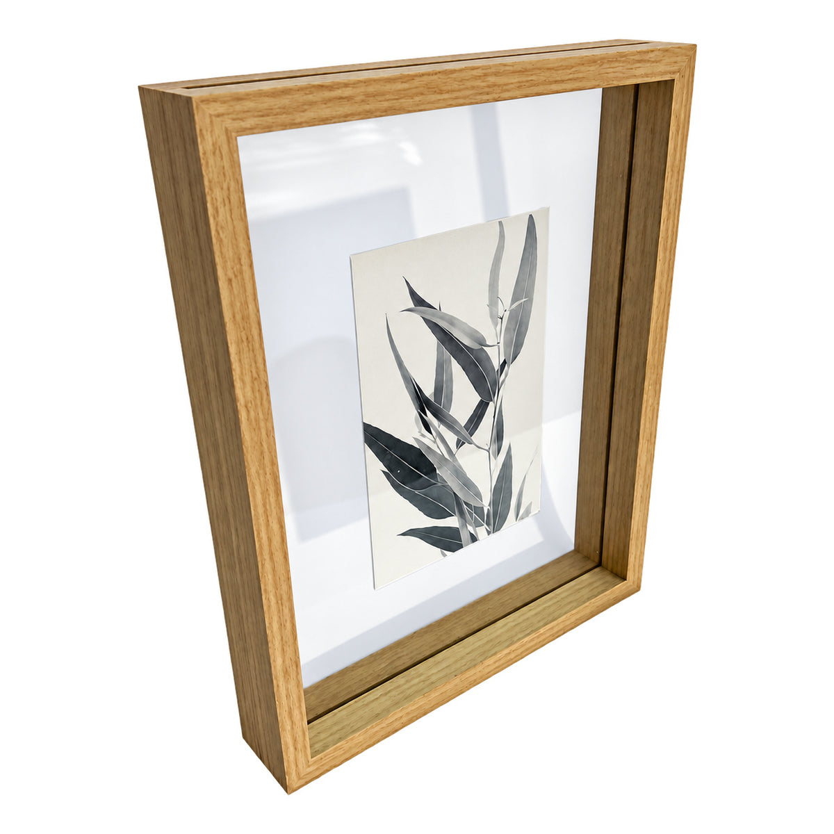 Large Floating Wood Photo Frame with Eucalyptus Leaves — white background