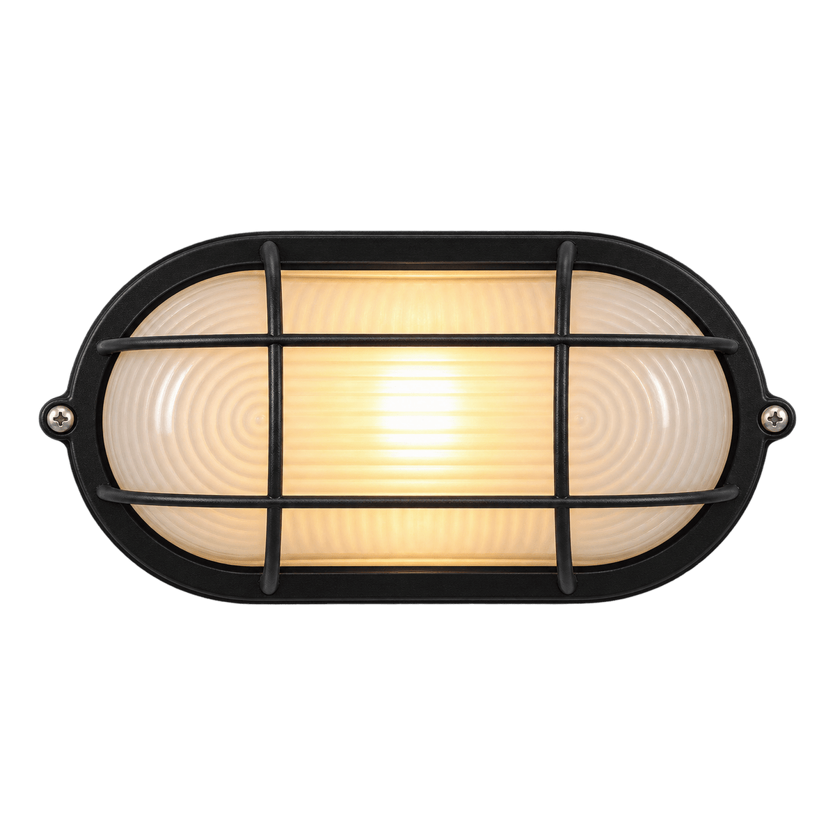 Black Oval E27 Grid Bulkhead Light - IP44, 210mm - transparent background