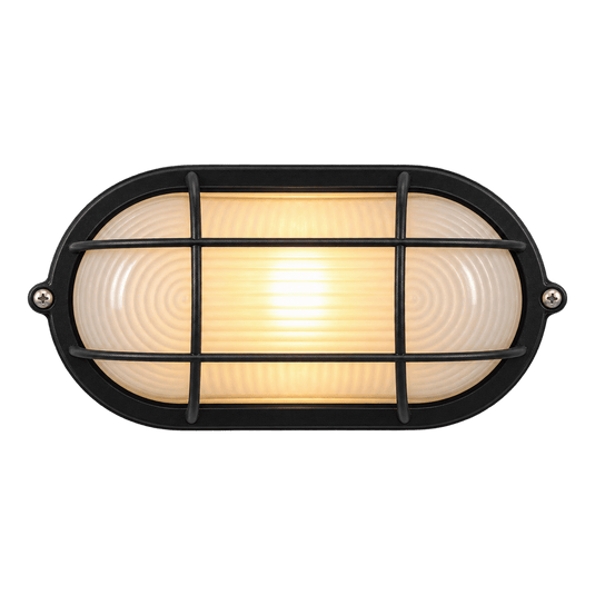 Black Oval E27 Grid Bulkhead Light - IP44, 210mm - transparent background