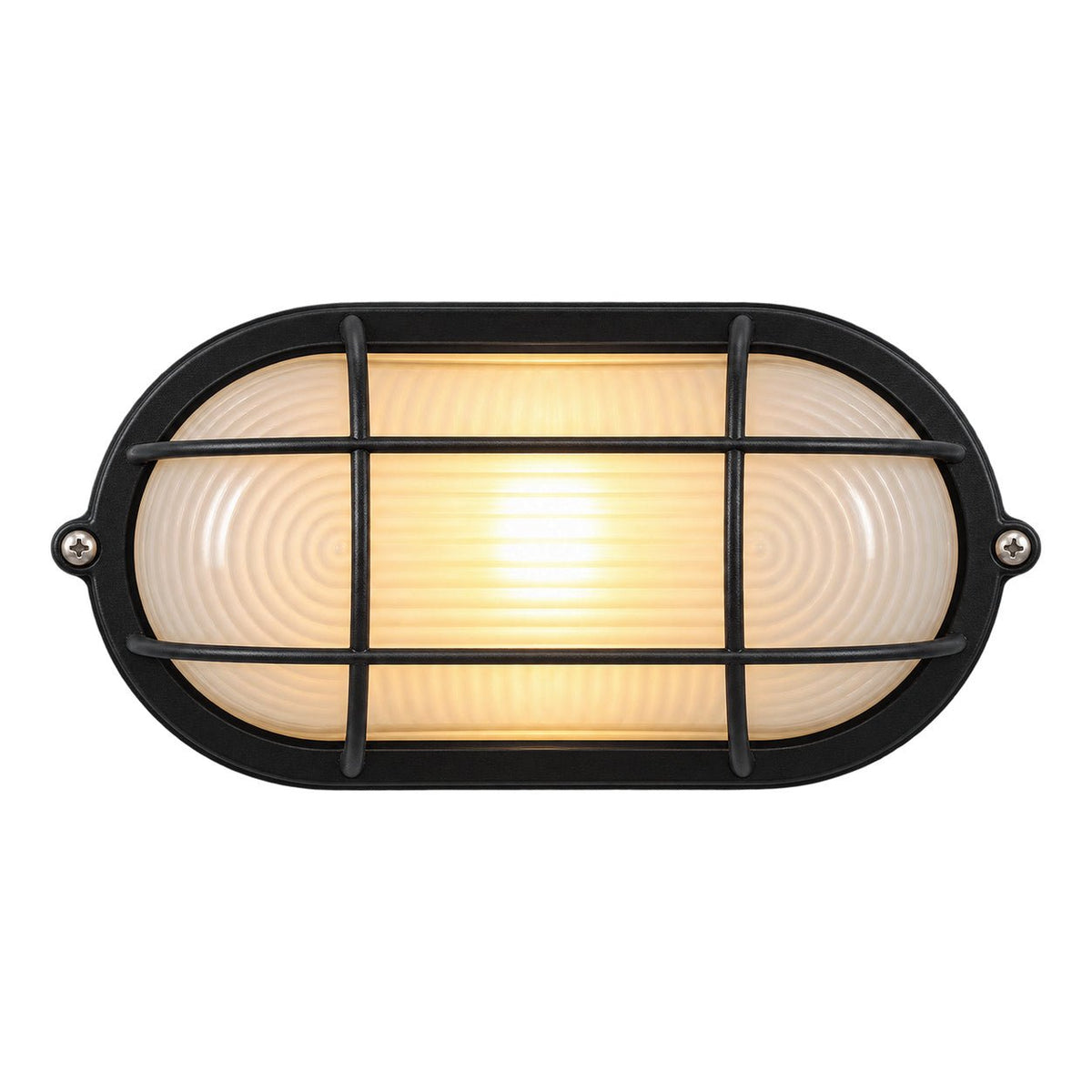 Black Oval E27 Grid Bulkhead Light - IP44, 210mm - white background