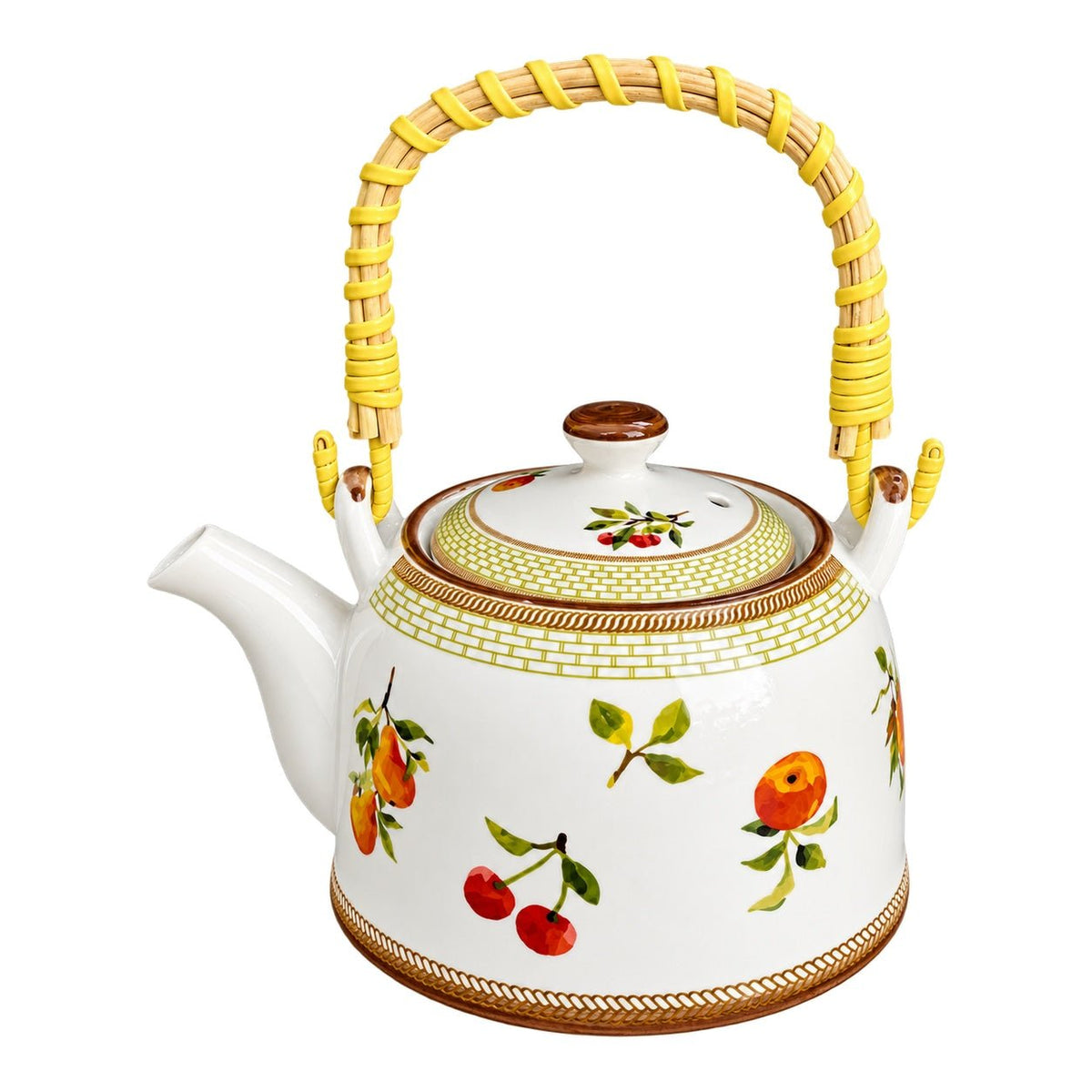 Ceramic Teapot with Woven Handle - Cherry Blossom, white background